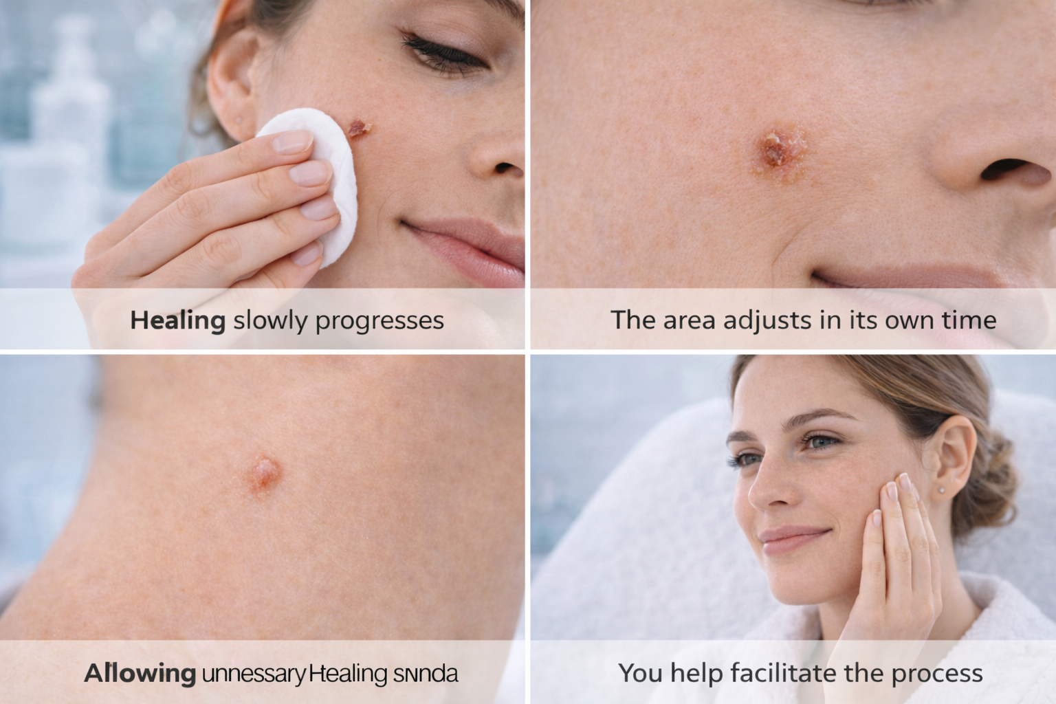 A person gently applying aftercare treatment to their skin, demonstrating a calm and careful approach.